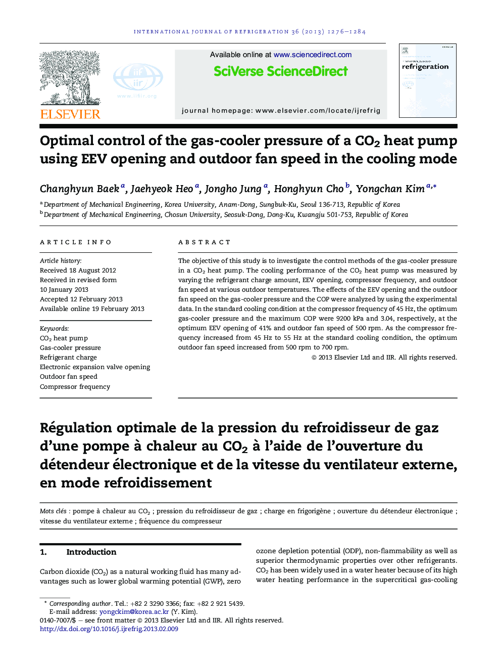 Optimal control of the gas-cooler pressure of a CO2 heat pump using EEV opening and outdoor fan speed in the cooling mode