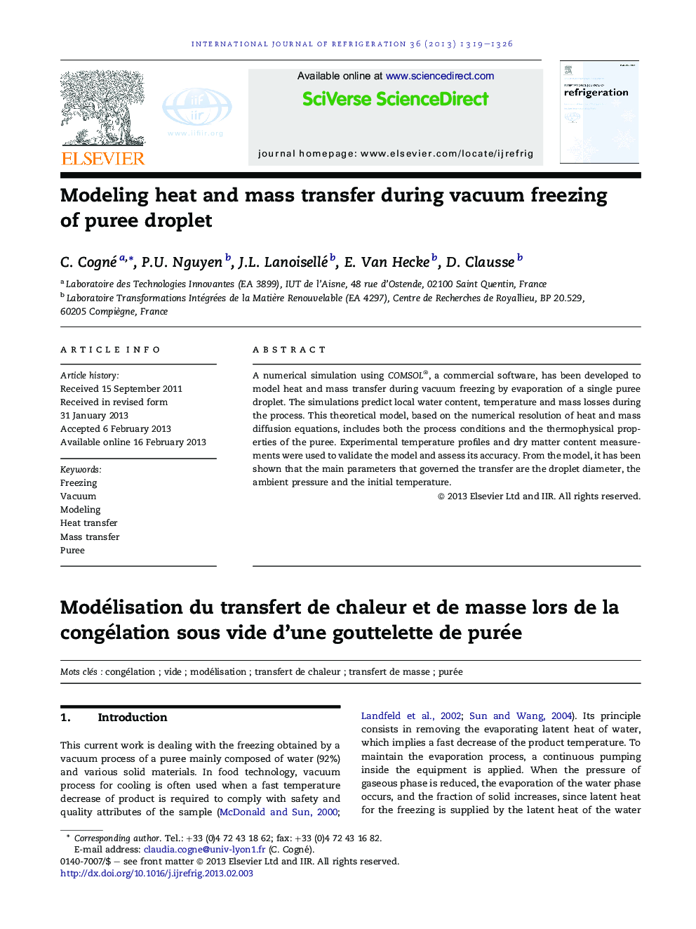 Modeling heat and mass transfer during vacuum freezing of puree droplet