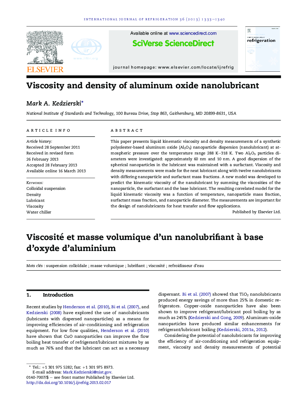 Viscosity and density of aluminum oxide nanolubricant