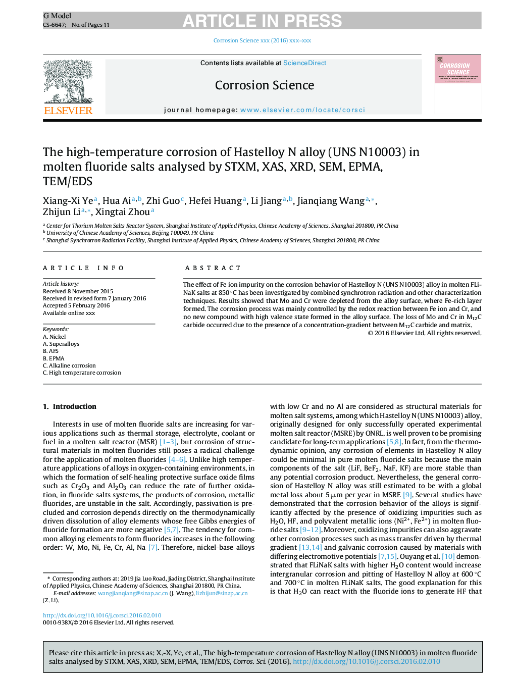 The high-temperature corrosion of Hastelloy N alloy (UNS N10003) in molten fluoride salts analysed by STXM, XAS, XRD, SEM, EPMA, TEM/EDS