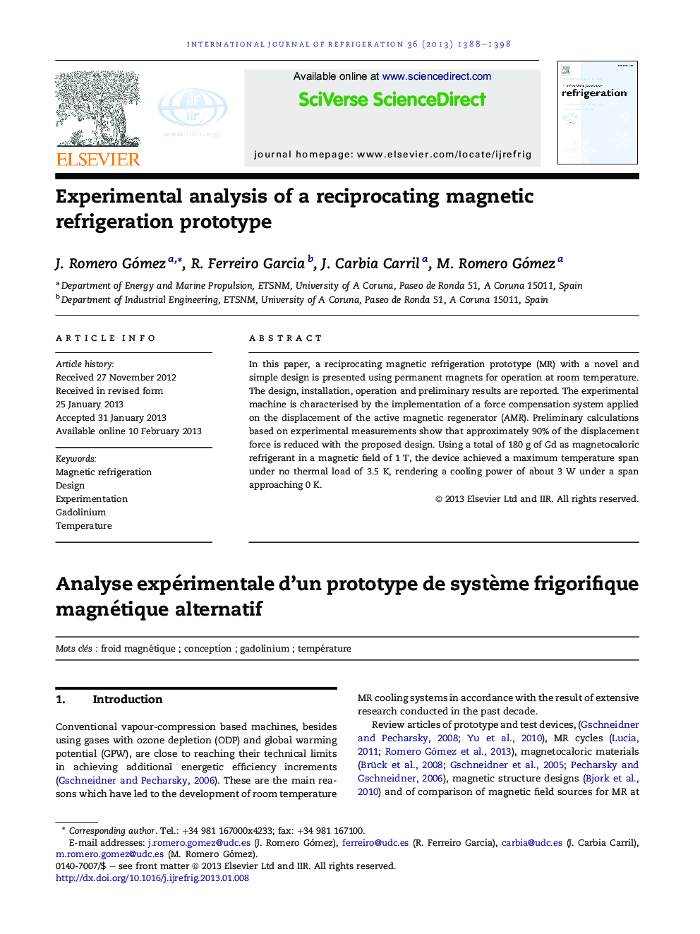 Experimental analysis of a reciprocating magnetic refrigeration prototype