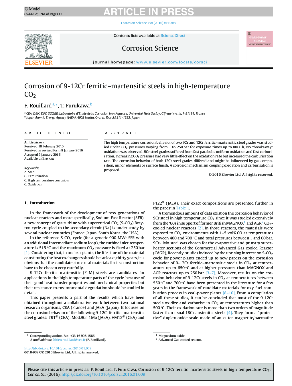 Corrosion of 9-12Cr ferritic-martensitic steels in high-temperature CO2