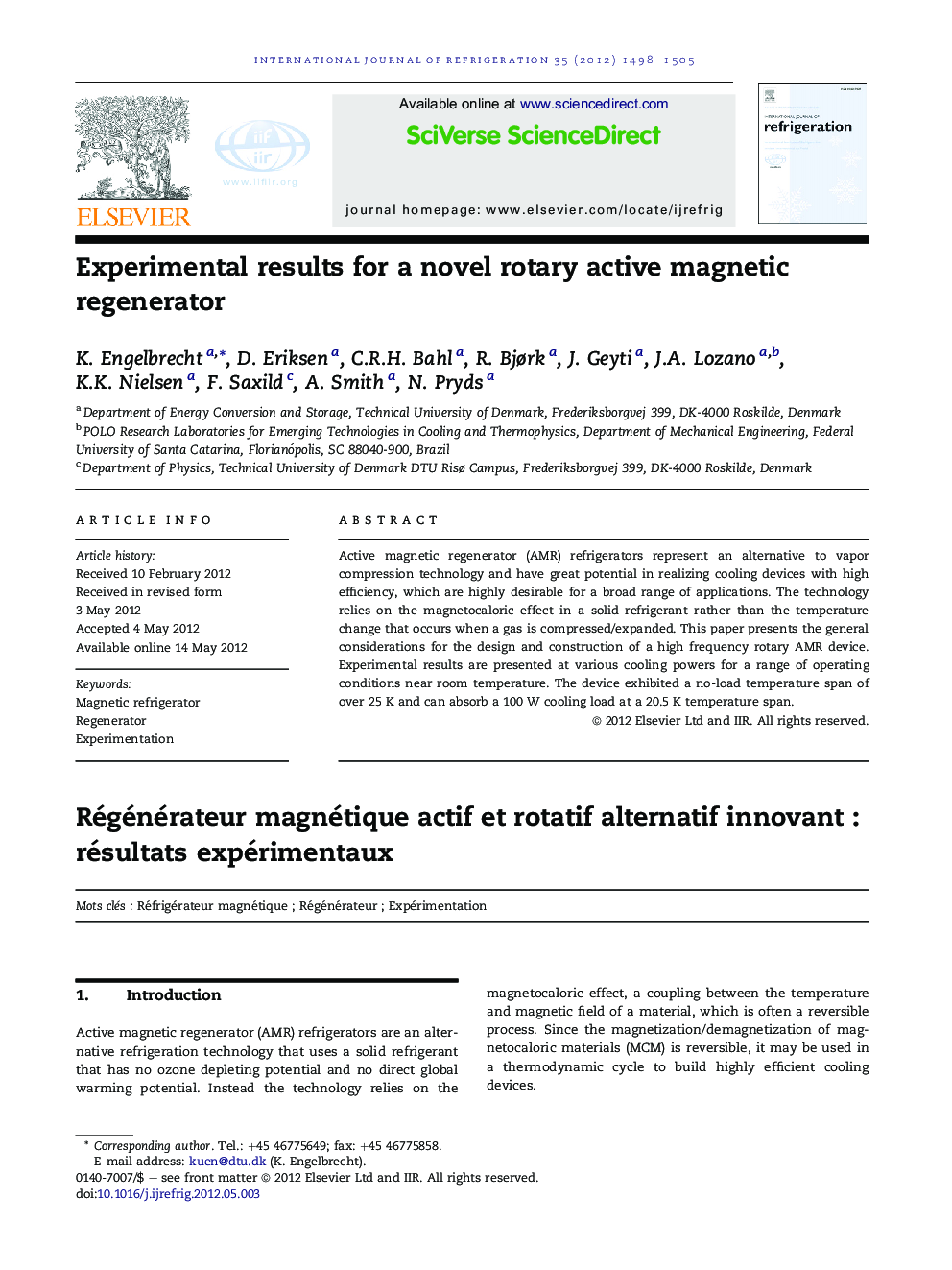 Experimental results for a novel rotary active magnetic regenerator