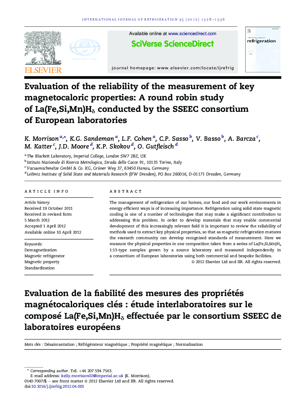 Evaluation of the reliability of the measurement of key magnetocaloric properties: A round robin study of La(Fe,Si,Mn)Hδ conducted by the SSEEC consortium of European laboratories