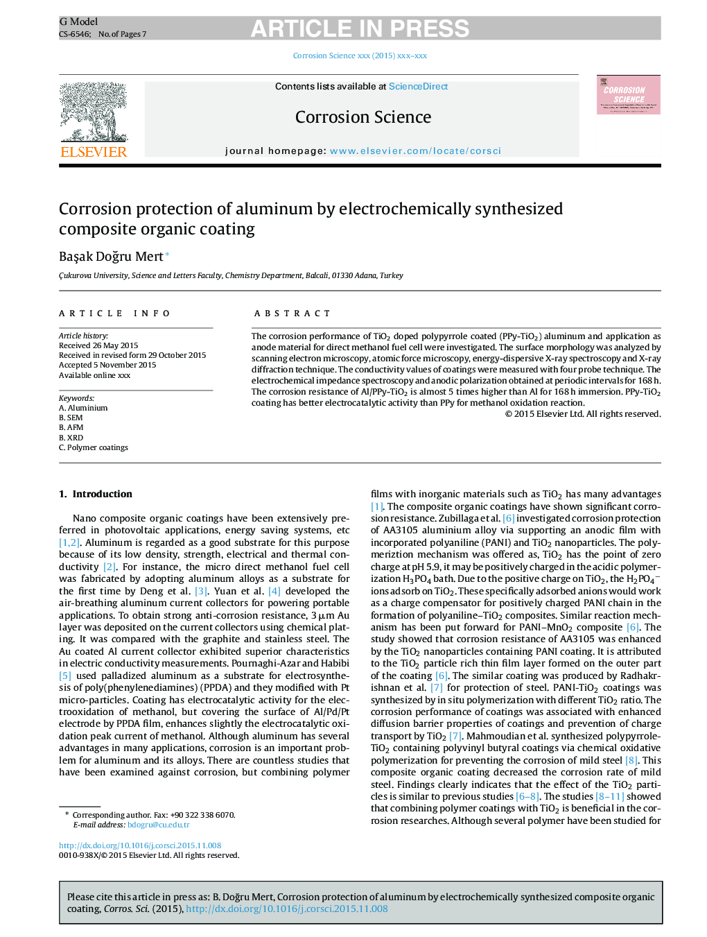 Corrosion protection of aluminum by electrochemically synthesized composite organic coating