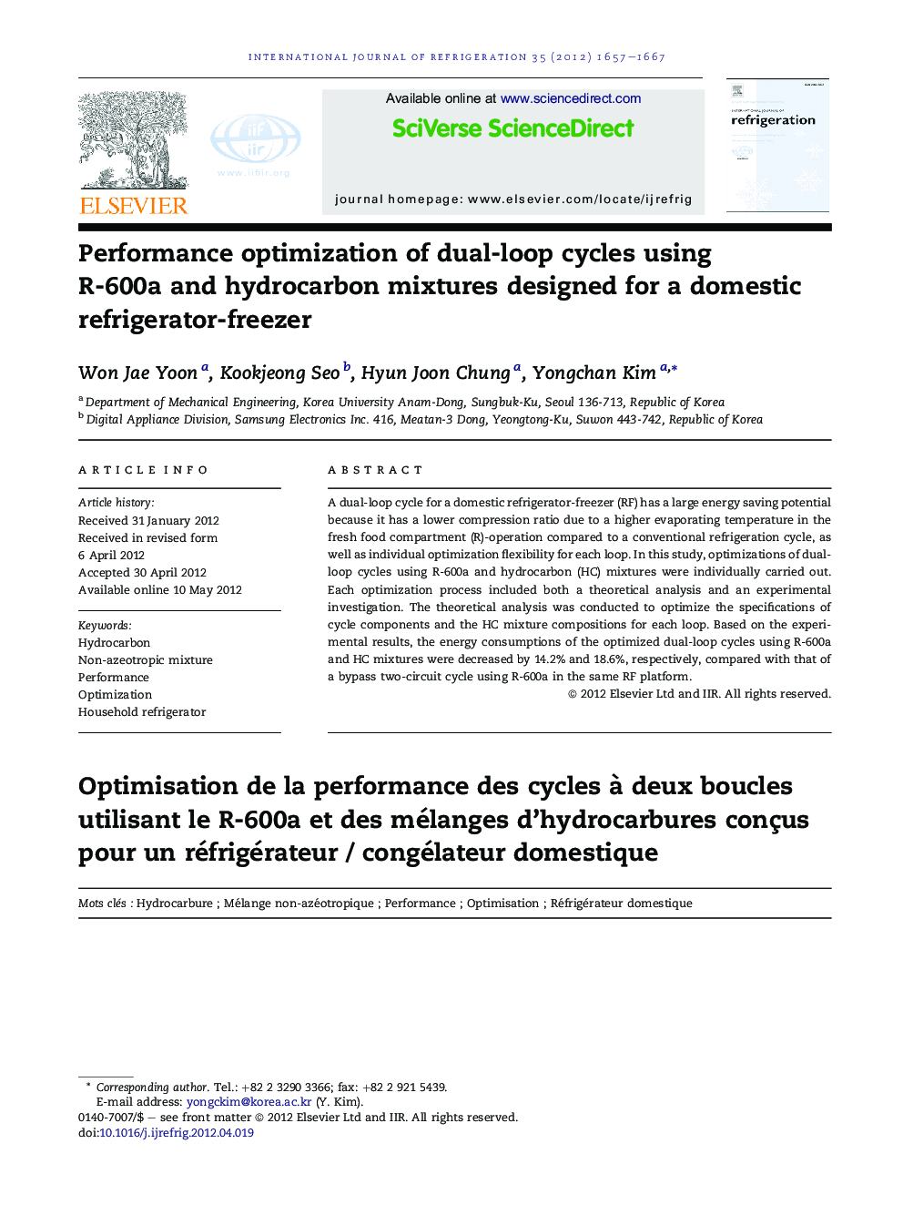Performance optimization of dual-loop cycles using R-600a and hydrocarbon mixtures designed for a domestic refrigerator-freezer