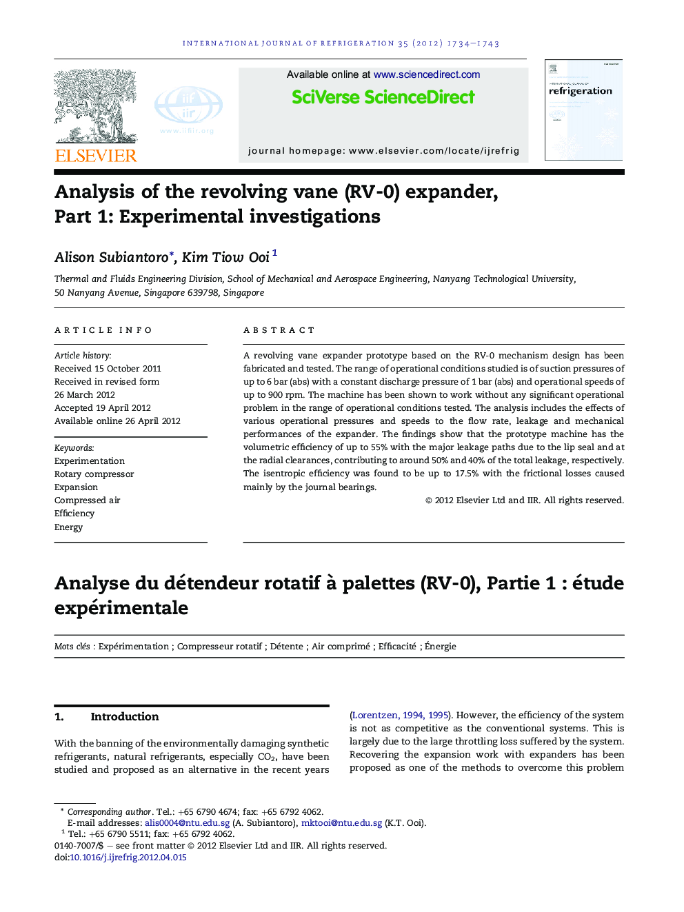 Analysis of the revolving vane (RV-0) expander, Part 1: Experimental investigations