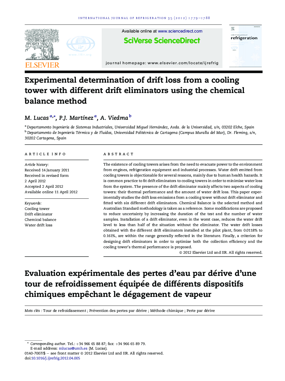 Experimental determination of drift loss from a cooling tower with different drift eliminators using the chemical balance method