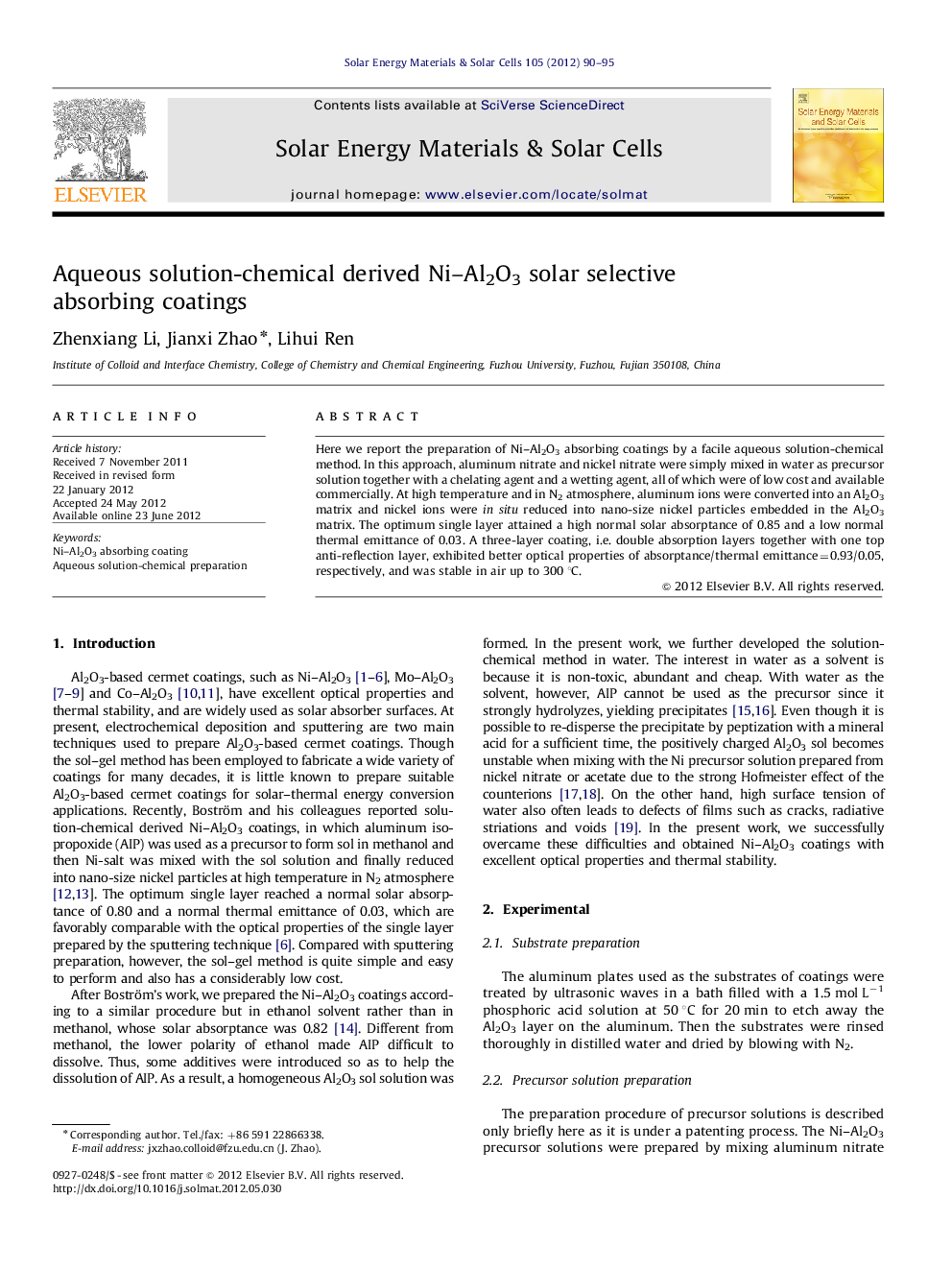 Aqueous solution-chemical derived Ni–Al2O3 solar selective absorbing coatings