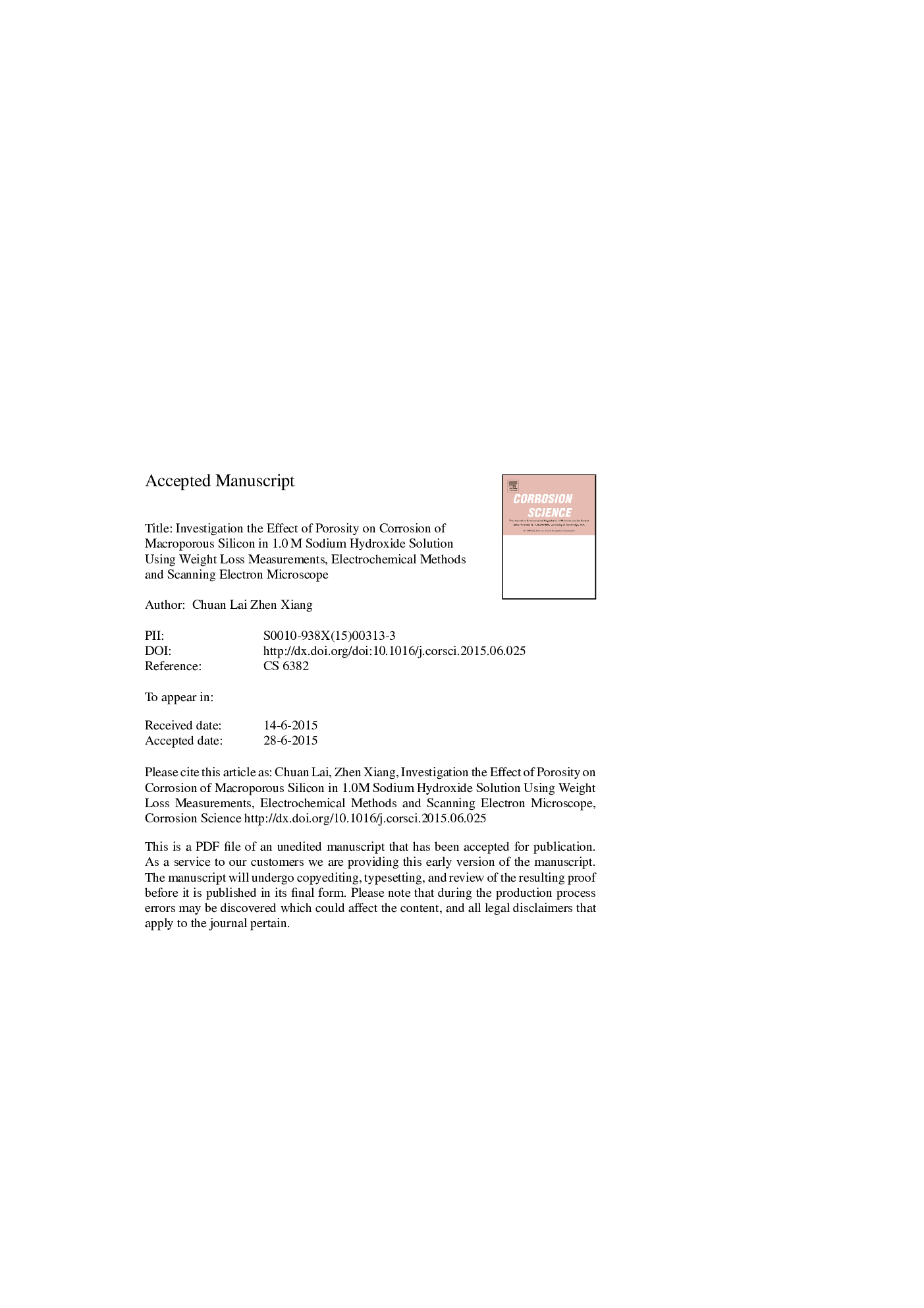 Investigation the effect of porosity on corrosion of macroporous silicon in 1.0Â M sodium hydroxide solution using weight loss measurements, electrochemical methods and scanning electron microscope