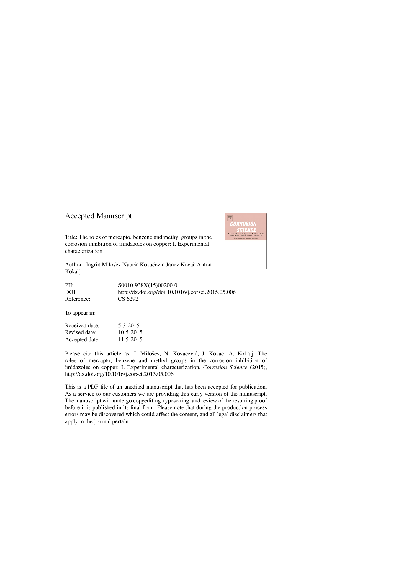 The roles of mercapto, benzene and methyl groups in the corrosion inhibition of imidazoles on copper: I. Experimental characterization