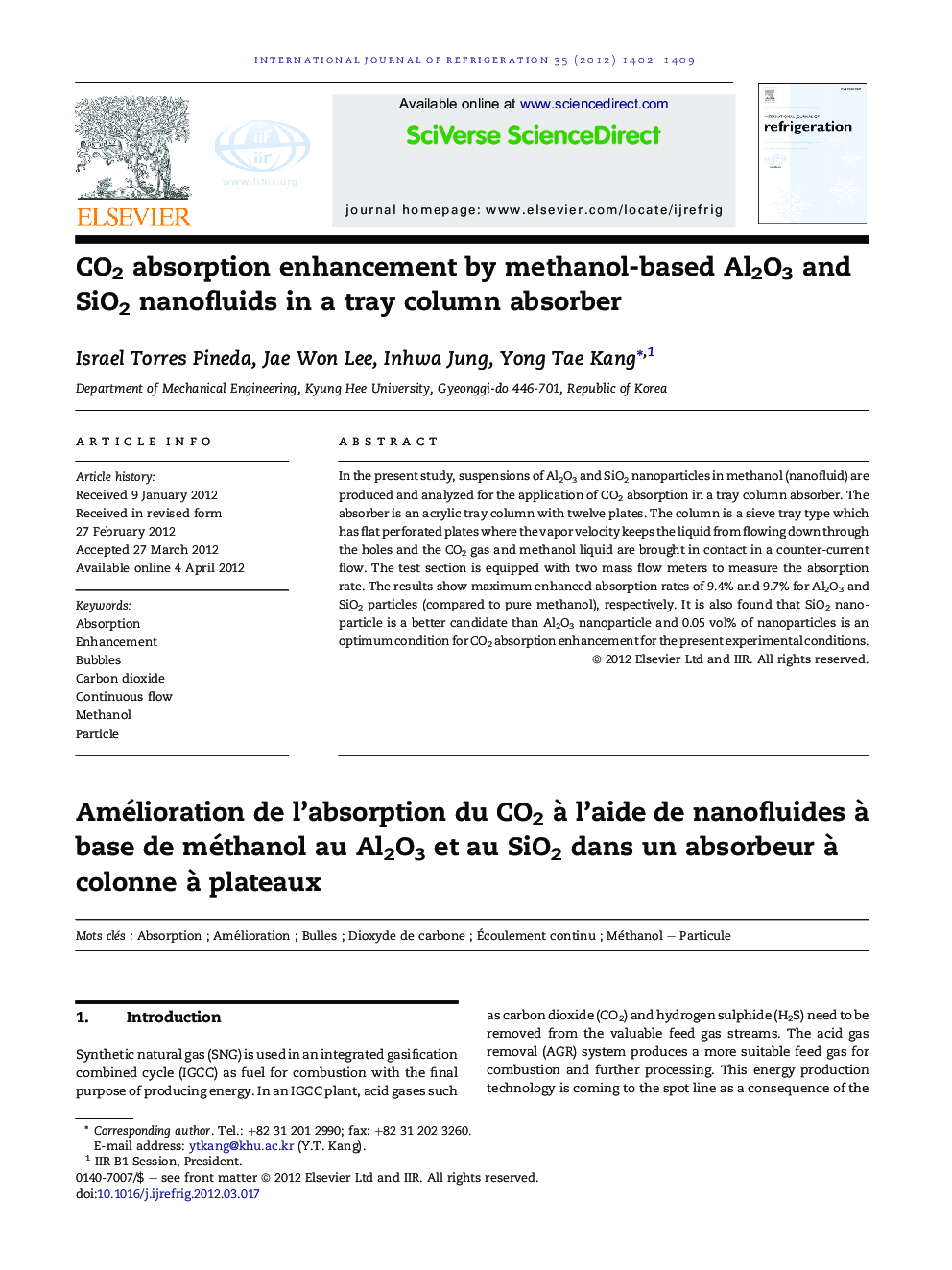 CO2 absorption enhancement by methanol-based Al2O3 and SiO2 nanofluids in a tray column absorber