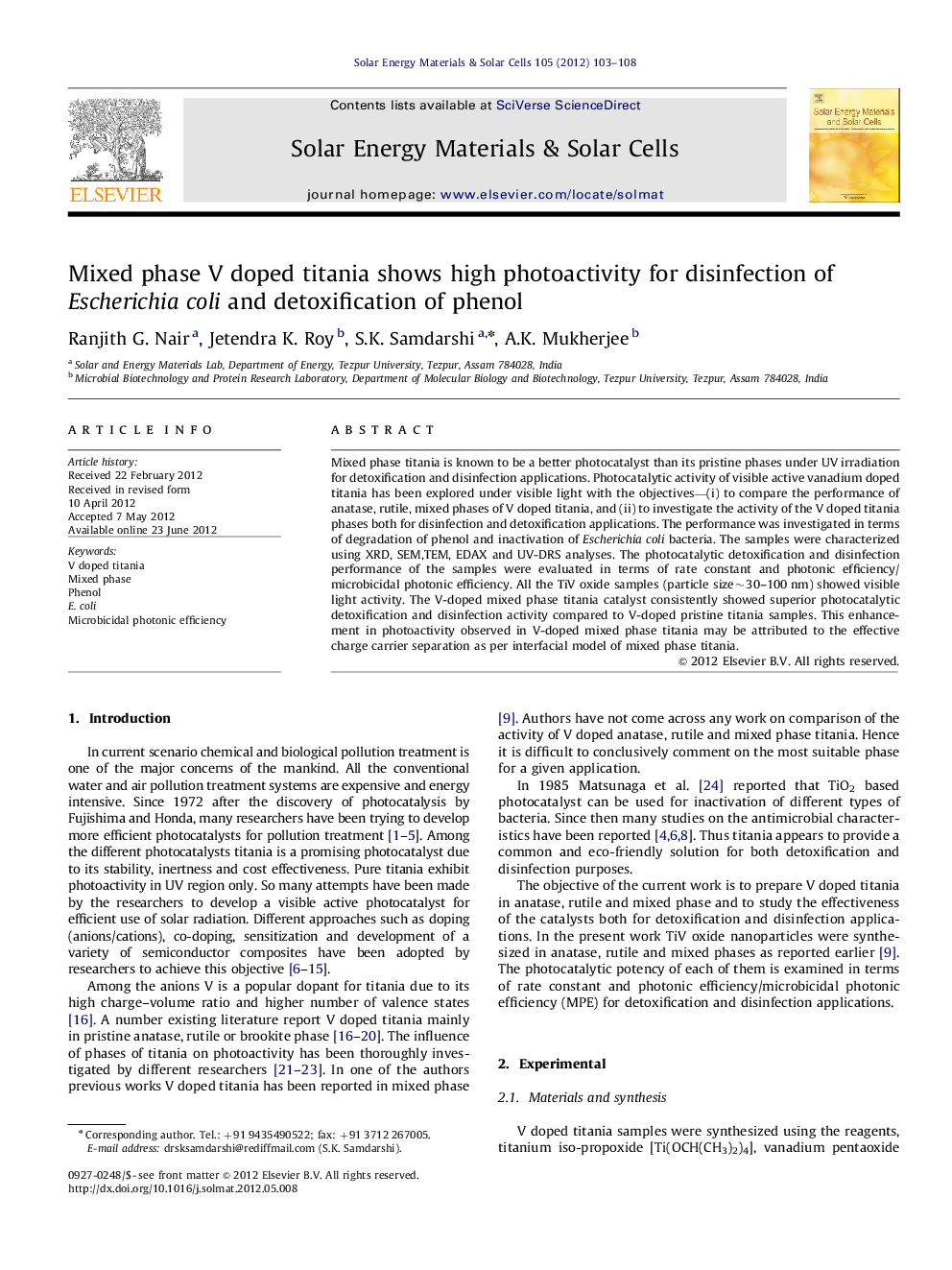 Mixed phase V doped titania shows high photoactivity for disinfection of Escherichia coli and detoxification of phenol