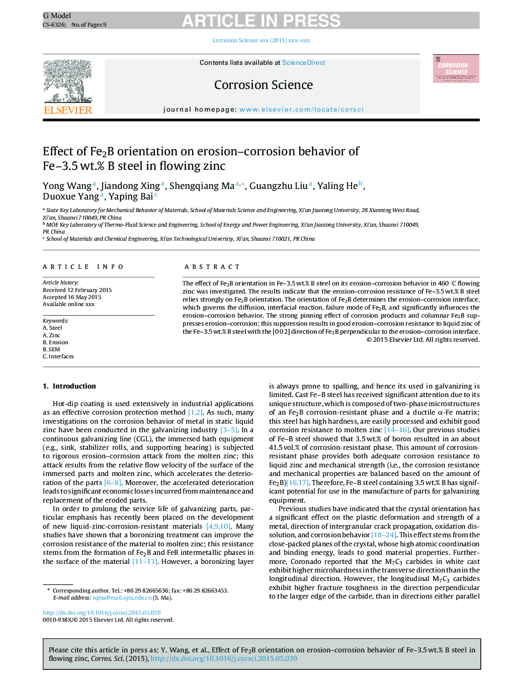 Effect of Fe2B orientation on erosion-corrosion behavior of Fe-3.5Â wt.% B steel in flowing zinc