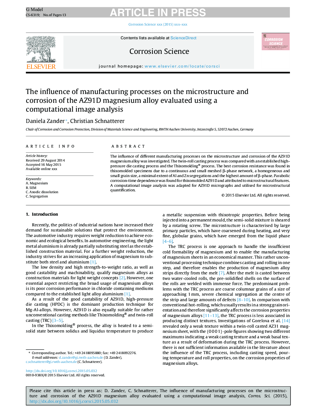 The influence of manufacturing processes on the microstructure and corrosion of the AZ91D magnesium alloy evaluated using a computational image analysis