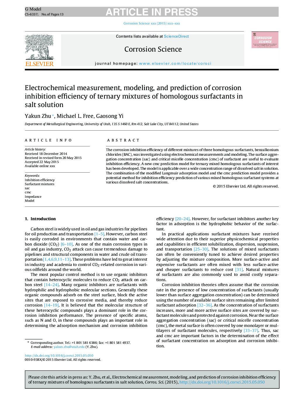 Electrochemical measurement, modeling, and prediction of corrosion inhibition efficiency of ternary mixtures of homologous surfactants in salt solution