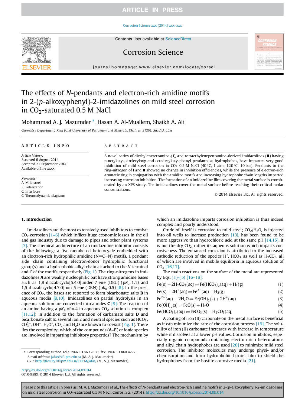 The effects of N-pendants and electron-rich amidine motifs in 2-(p-alkoxyphenyl)-2-imidazolines on mild steel corrosion in CO2-saturated 0.5Â M NaCl