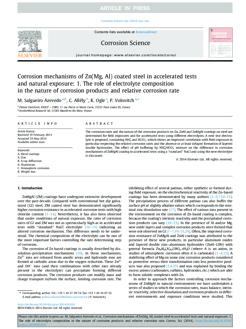 Corrosion mechanisms of Zn(Mg, Al) coated steel in accelerated tests and natural exposure: 1. The role of electrolyte composition in the nature of corrosion products and relative corrosion rate