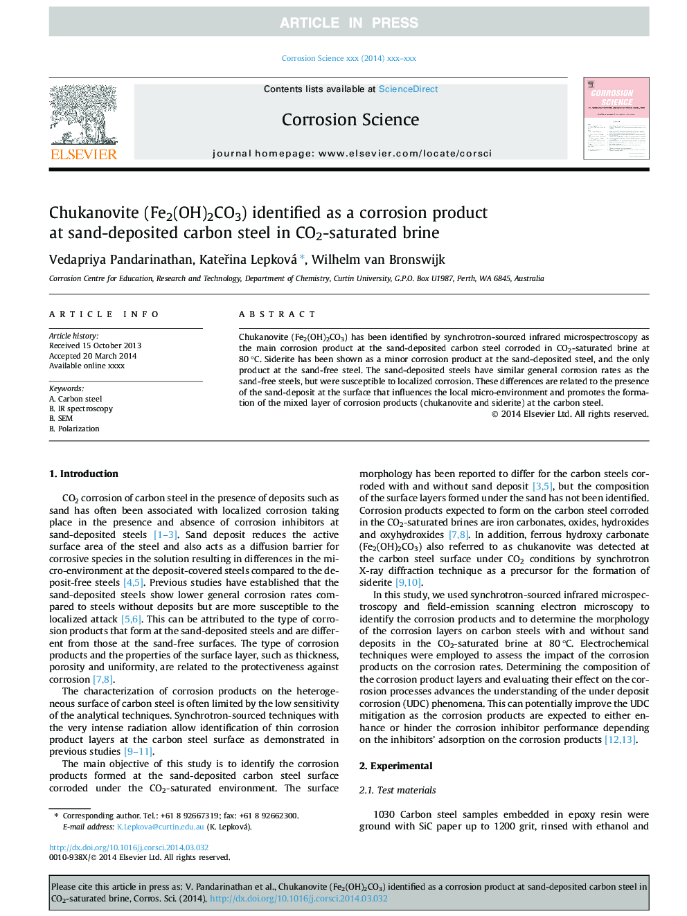 Chukanovite (Fe2(OH)2CO3) identified as a corrosion product at sand-deposited carbon steel in CO2-saturated brine