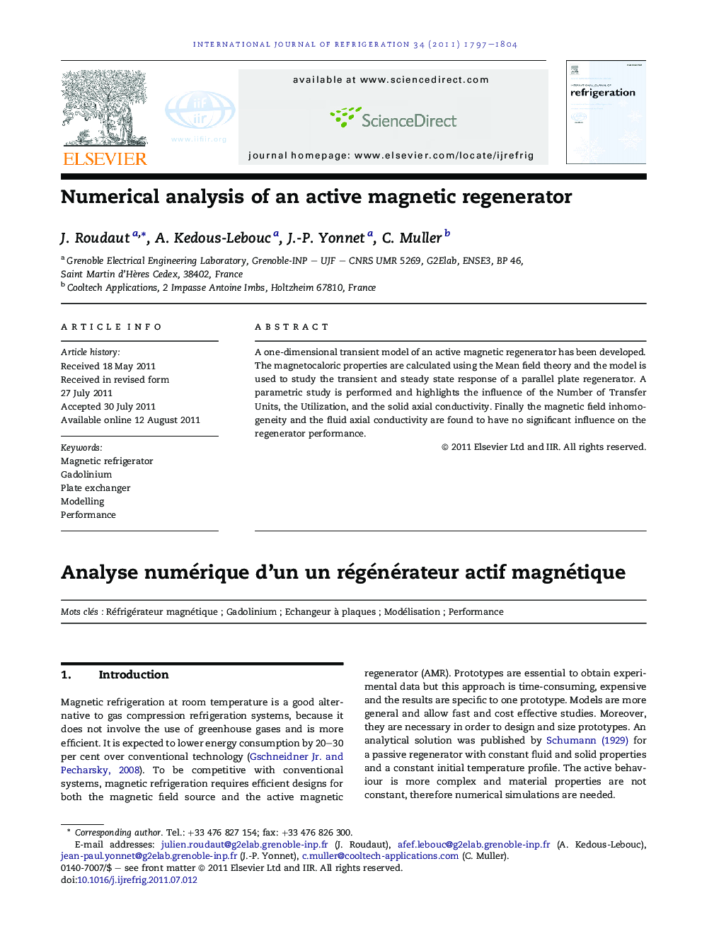 Numerical analysis of an active magnetic regenerator