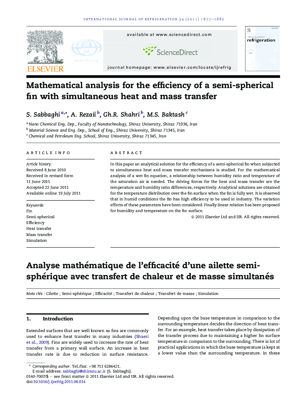 Mathematical analysis for the efficiency of a semi-spherical fin with simultaneous heat and mass transfer