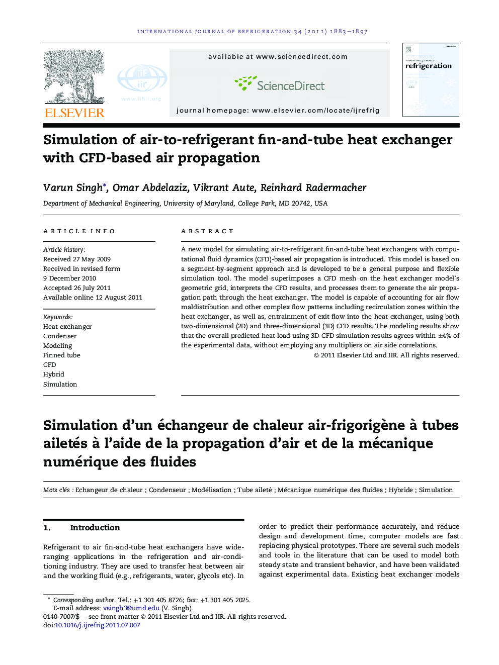 Simulation of air-to-refrigerant fin-and-tube heat exchanger with CFD-based air propagation