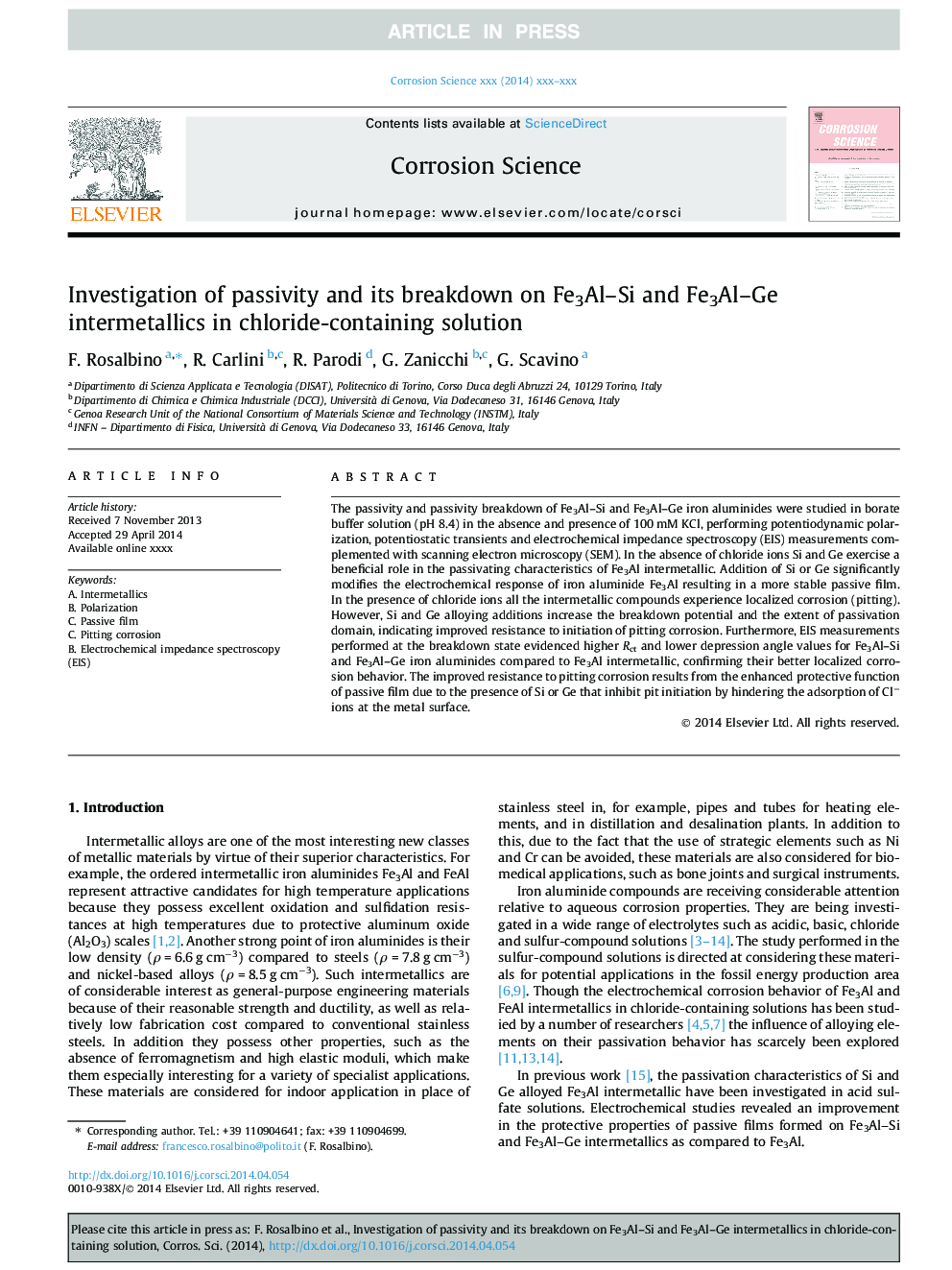 Investigation of passivity and its breakdown on Fe3Al-Si and Fe3Al-Ge intermetallics in chloride-containing solution