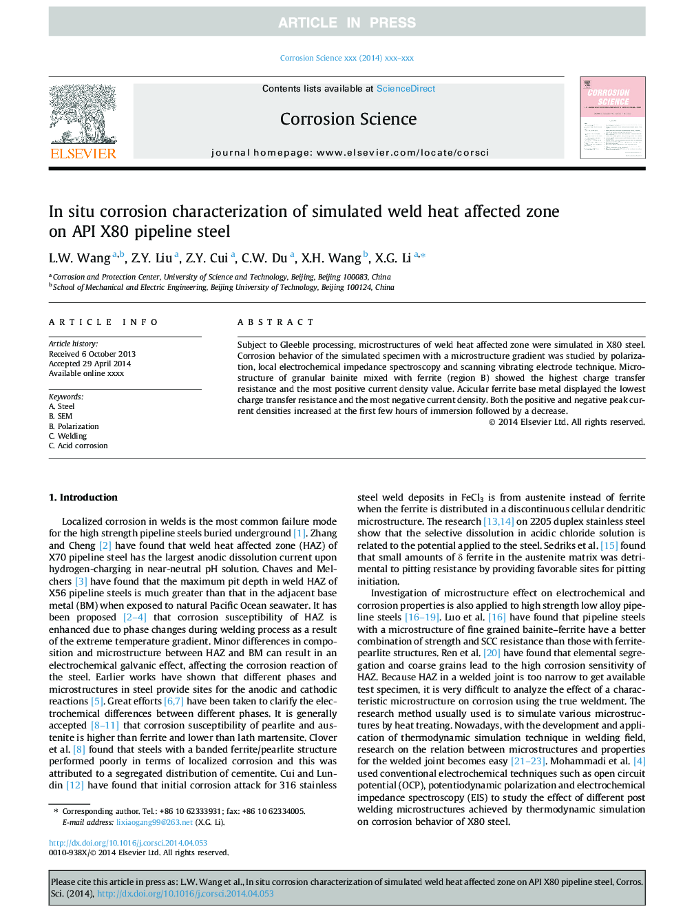 In situ corrosion characterization of simulated weld heat affected zone on API X80 pipeline steel