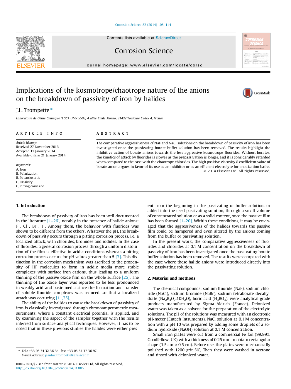 Implications of the kosmotrope/chaotrope nature of the anions on the breakdown of passivity of iron by halides