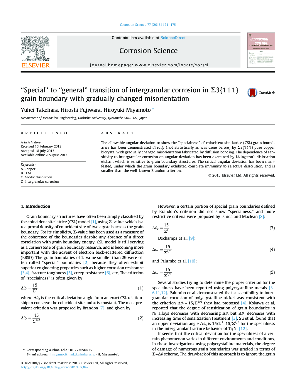 “Special” to “general” transition of intergranular corrosion in Î£3{1Â 1Â 1} grain boundary with gradually changed misorientation