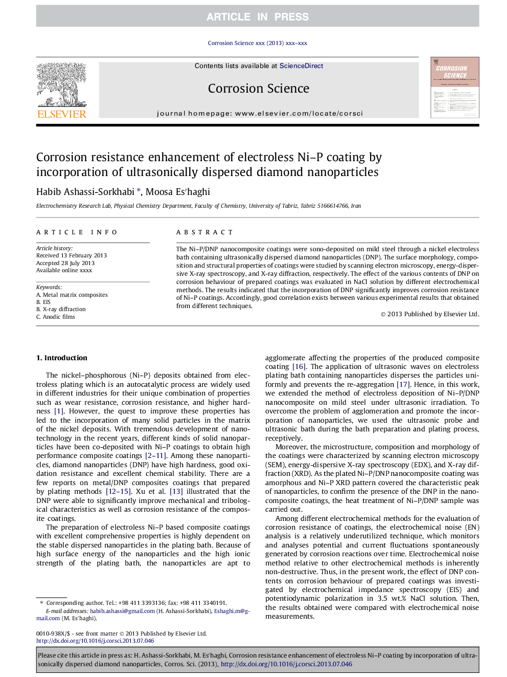 Corrosion resistance enhancement of electroless Ni-P coating by incorporation of ultrasonically dispersed diamond nanoparticles