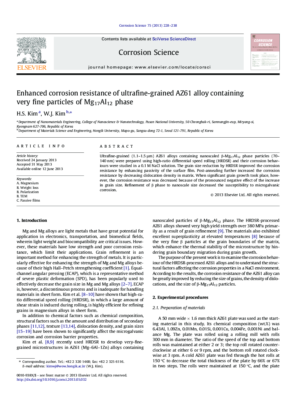 Enhanced corrosion resistance of ultrafine-grained AZ61 alloy containing very fine particles of Mg17Al12 phase