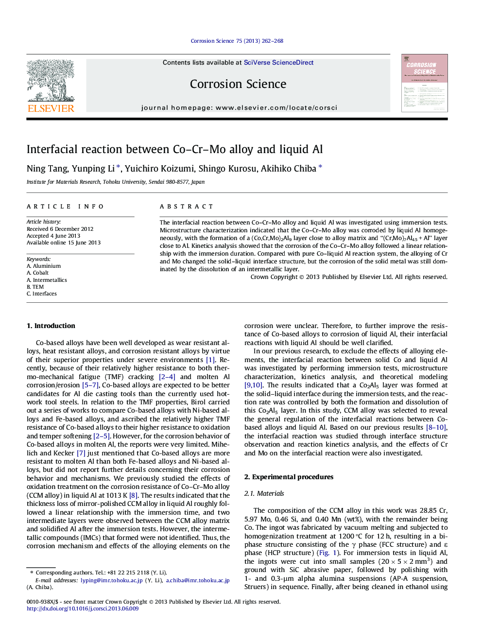 Interfacial reaction between Co-Cr-Mo alloy and liquid Al