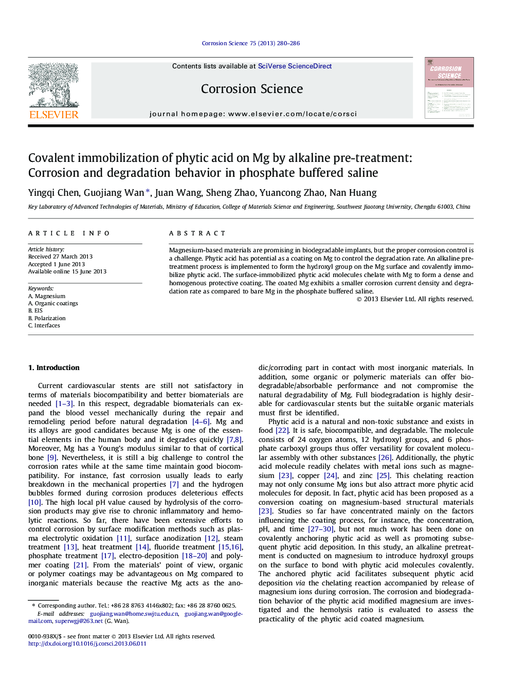 Covalent immobilization of phytic acid on Mg by alkaline pre-treatment: Corrosion and degradation behavior in phosphate buffered saline