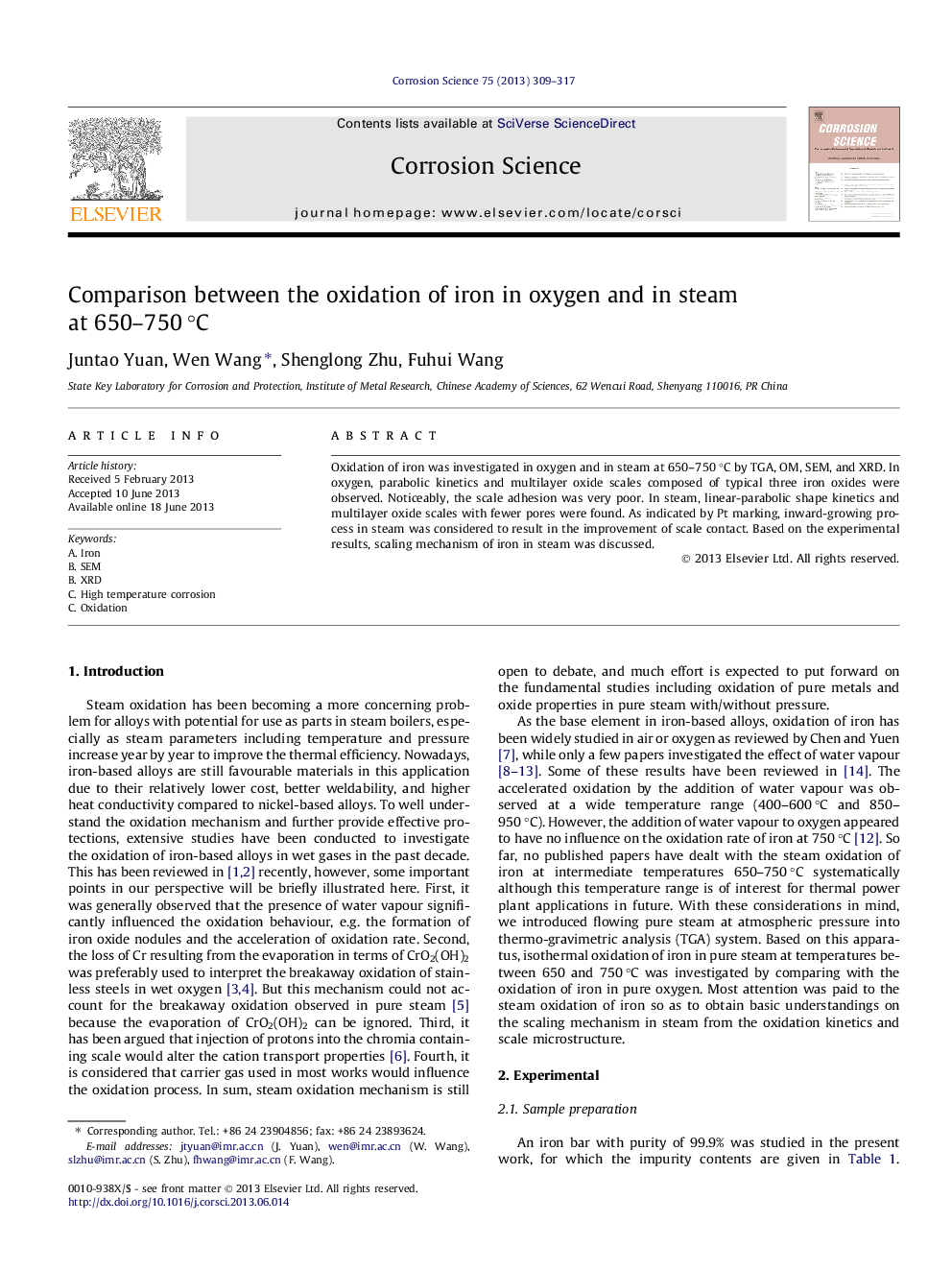 Comparison between the oxidation of iron in oxygen and in steam at 650-750Â Â°C