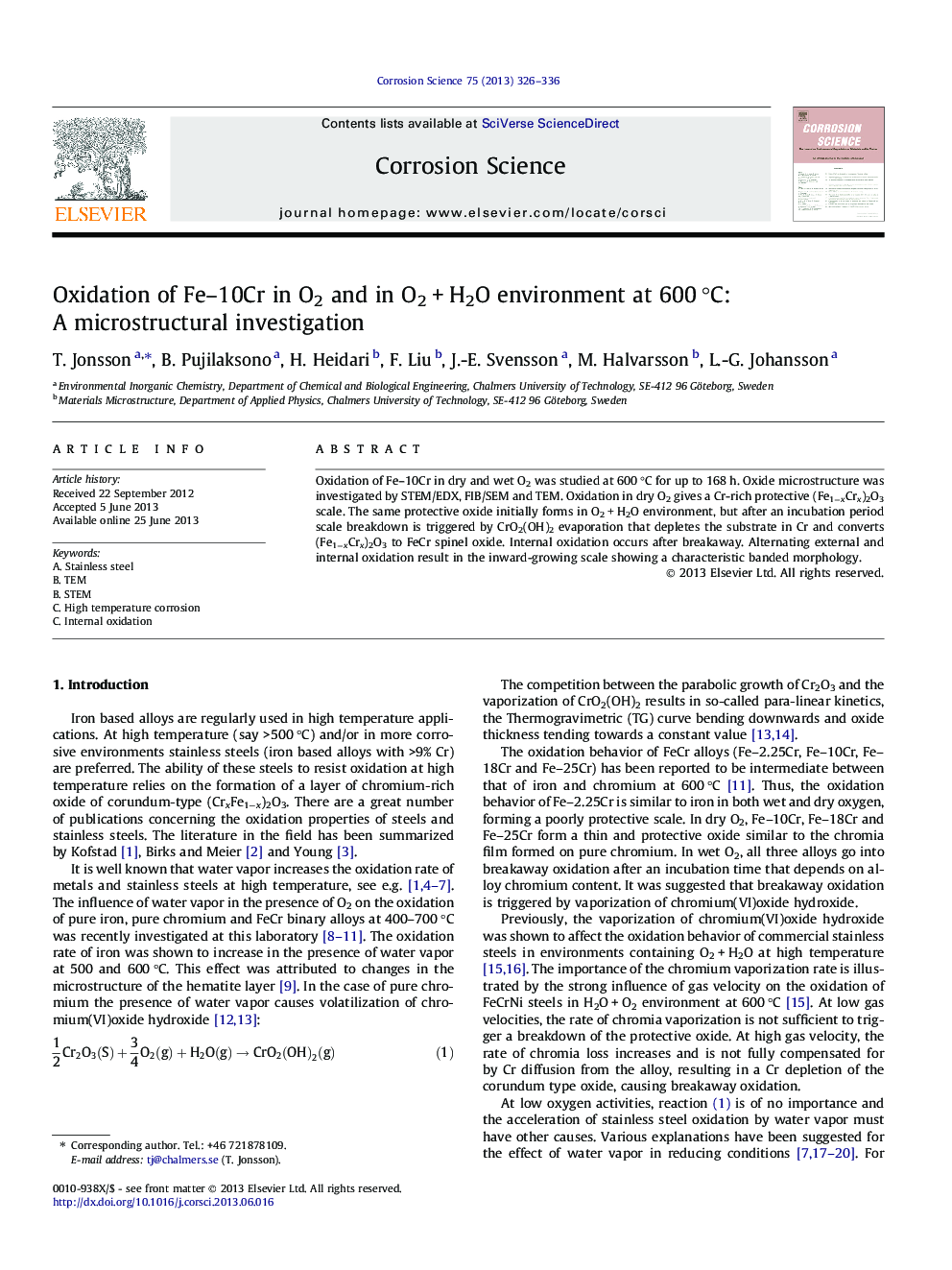 Oxidation of Fe-10Cr in O2 and in O2Â +Â H2O environment at 600Â Â°C: A microstructural investigation
