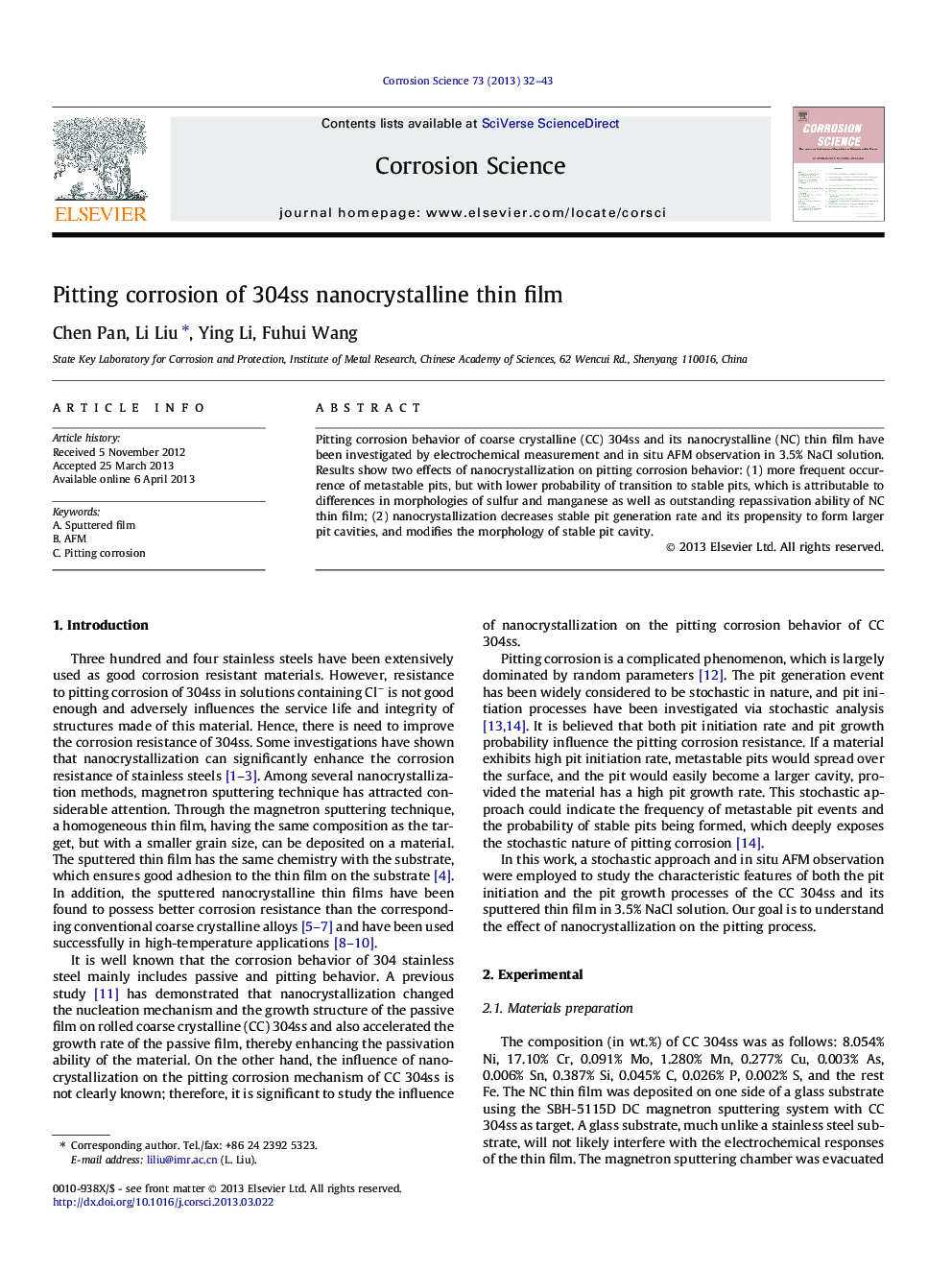 Pitting corrosion of 304ss nanocrystalline thin film