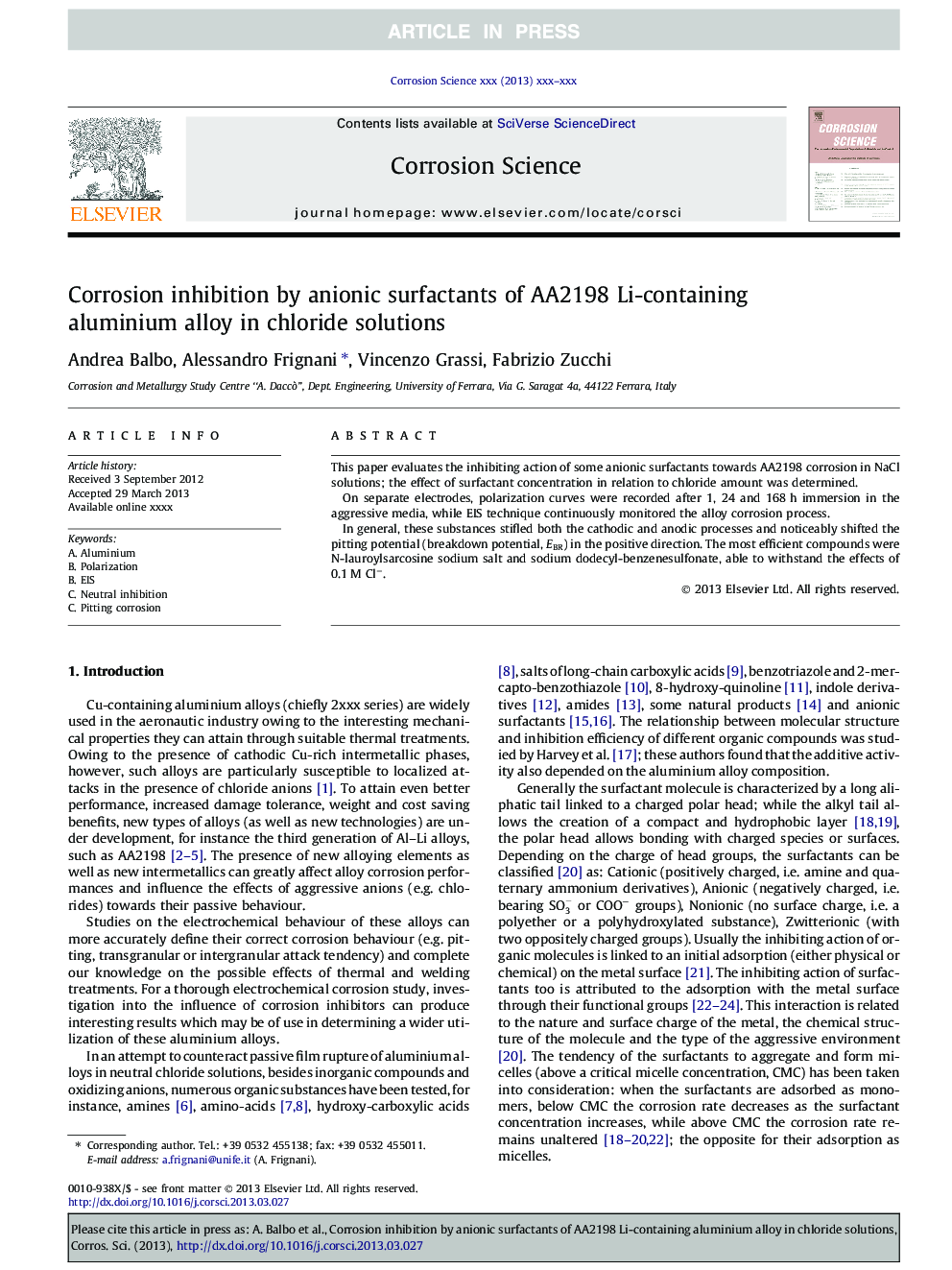 Corrosion inhibition by anionic surfactants of AA2198 Li-containing aluminium alloy in chloride solutions