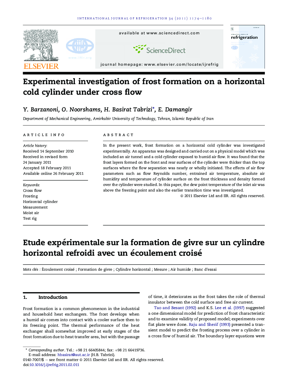 Experimental investigation of frost formation on a horizontal cold cylinder under cross flow