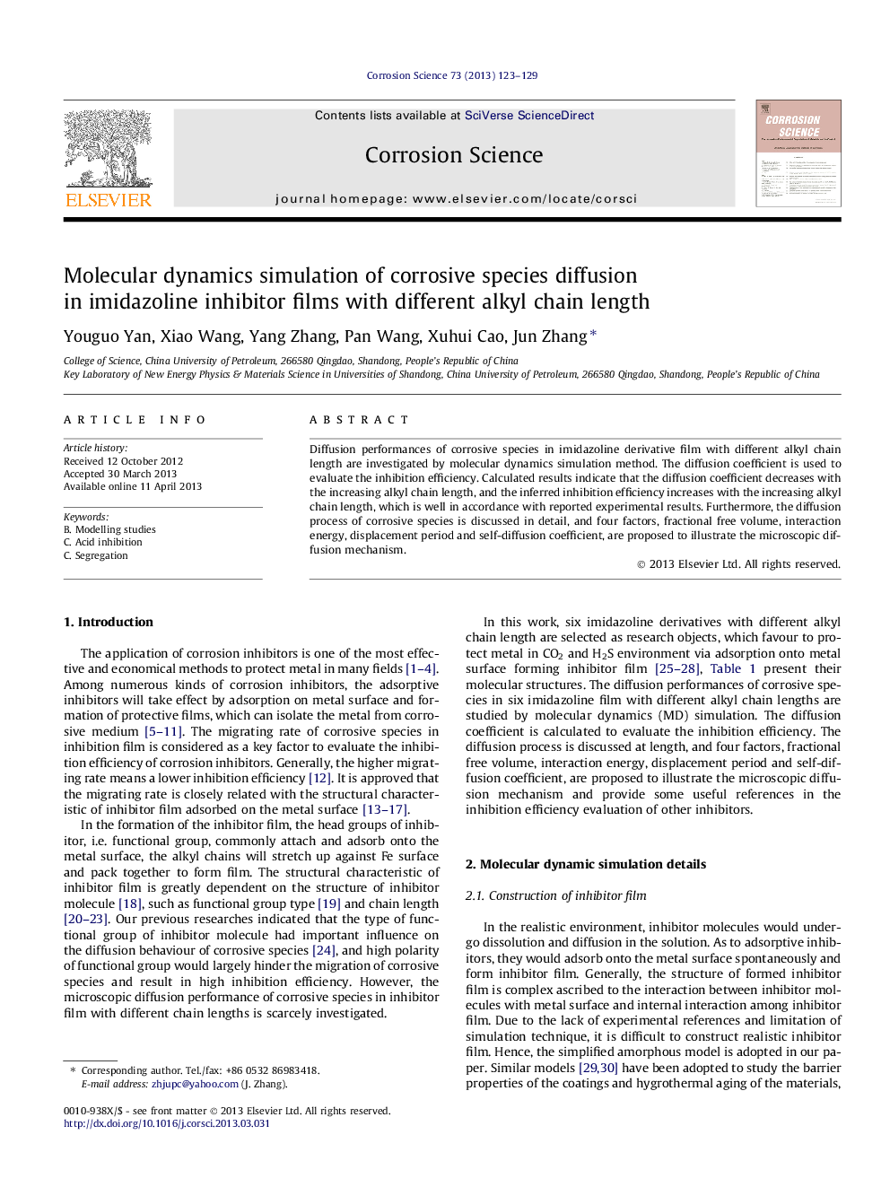 Molecular dynamics simulation of corrosive species diffusion in imidazoline inhibitor films with different alkyl chain length