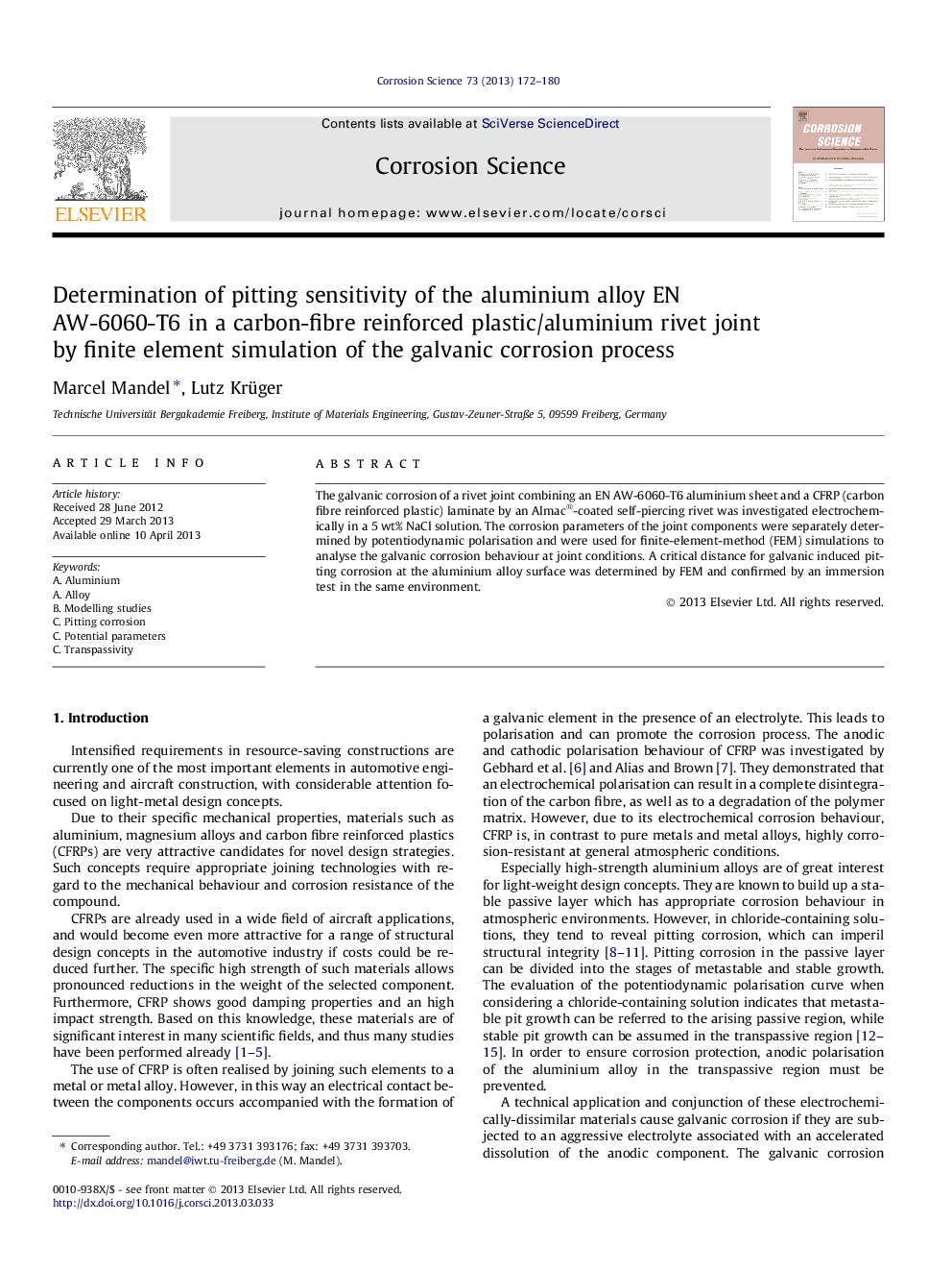 Determination of pitting sensitivity of the aluminium alloy EN AW-6060-T6 in a carbon-fibre reinforced plastic/aluminium rivet joint by finite element simulation of the galvanic corrosion process