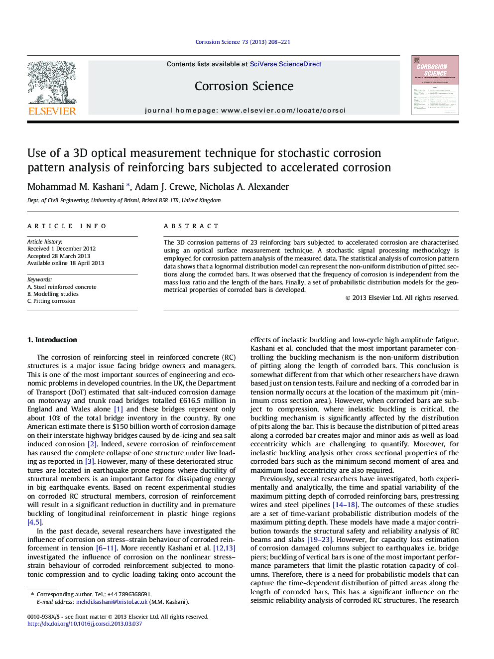 Use of a 3D optical measurement technique for stochastic corrosion pattern analysis of reinforcing bars subjected to accelerated corrosion