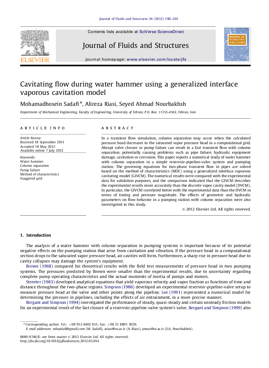 Cavitating flow during water hammer using a generalized interface vaporous cavitation model