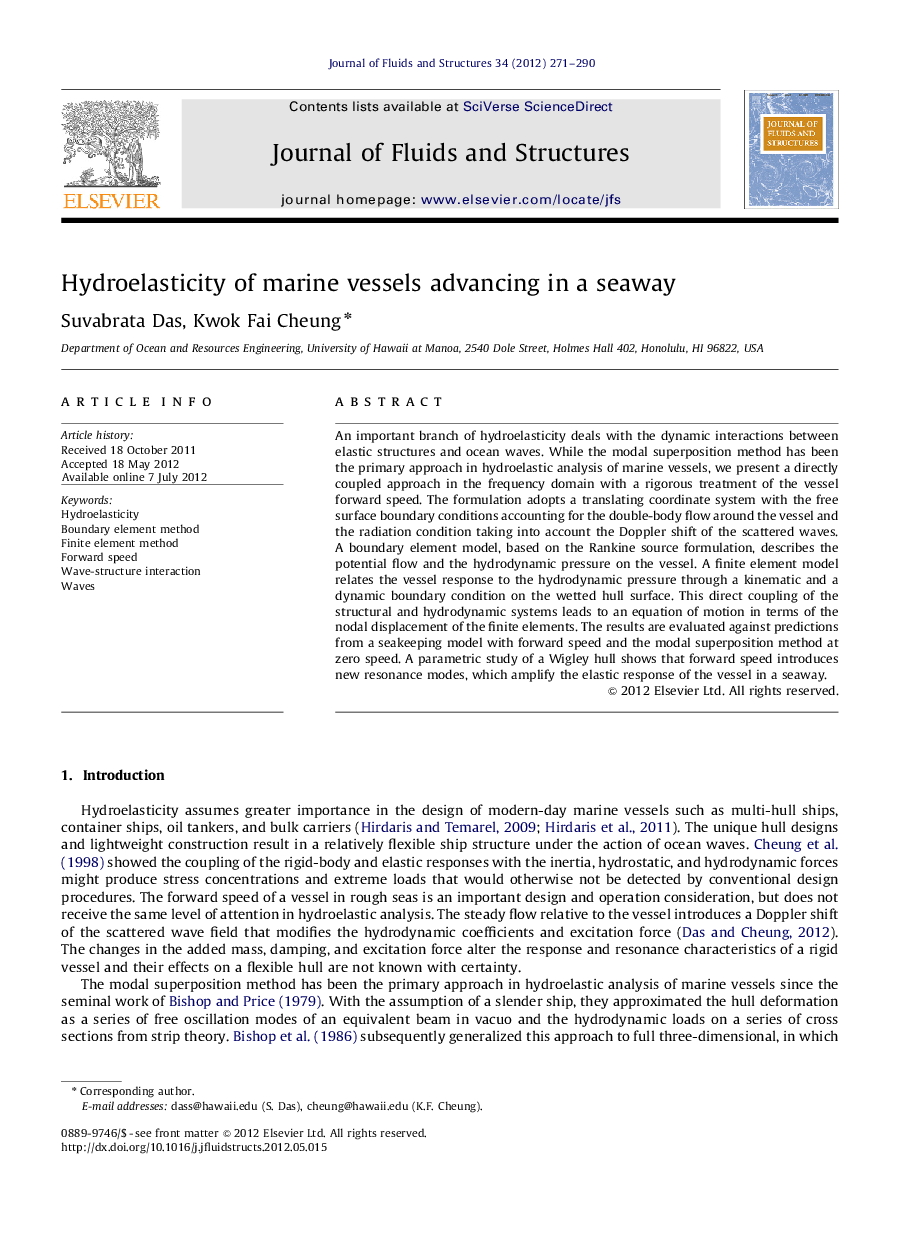 Hydroelasticity of marine vessels advancing in a seaway