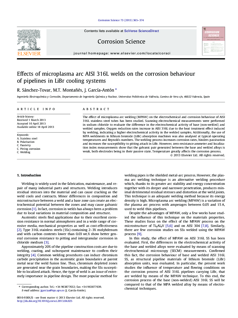 Effects of microplasma arc AISI 316L welds on the corrosion behaviour of pipelines in LiBr cooling systems