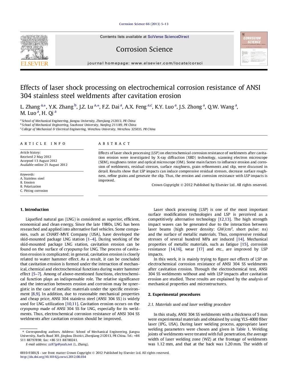 Effects of laser shock processing on electrochemical corrosion resistance of ANSI 304 stainless steel weldments after cavitation erosion