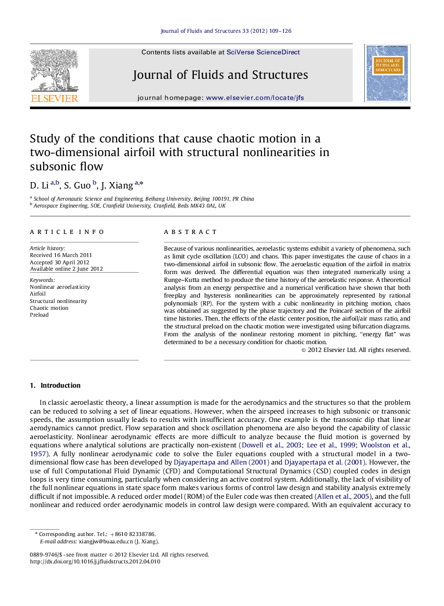 Study of the conditions that cause chaotic motion in a two-dimensional airfoil with structural nonlinearities in subsonic flow