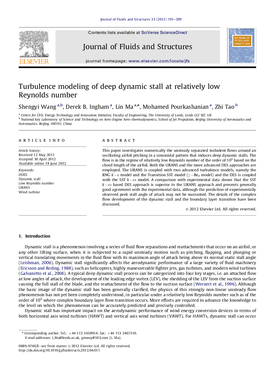 Turbulence modeling of deep dynamic stall at relatively low Reynolds number