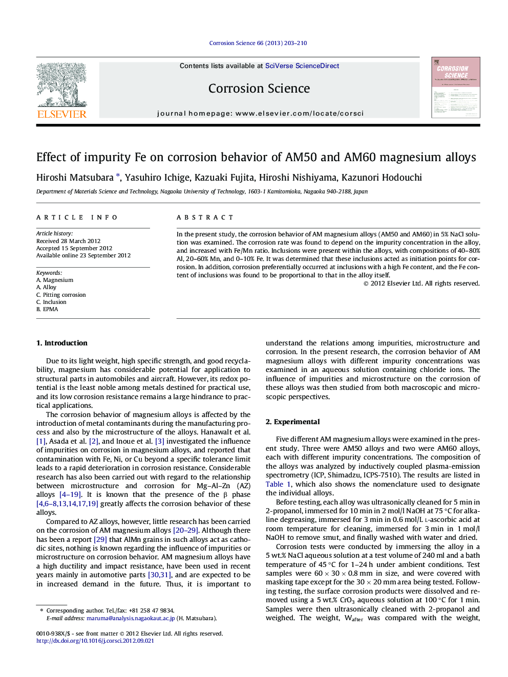 Effect of impurity Fe on corrosion behavior of AM50 and AM60 magnesium alloys