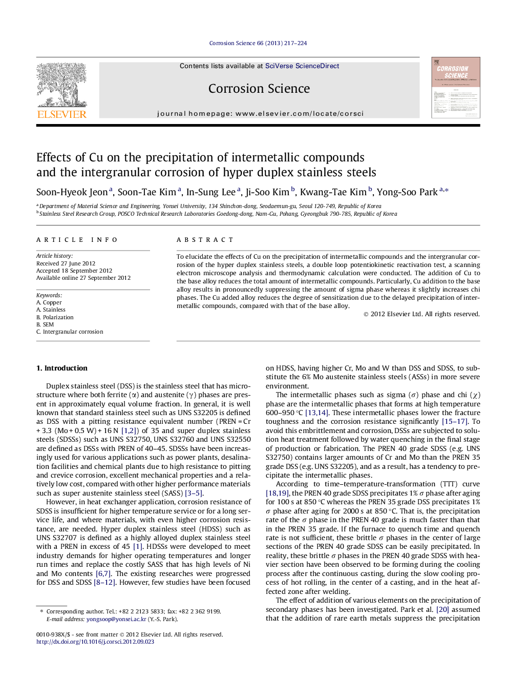 Effects of Cu on the precipitation of intermetallic compounds and the intergranular corrosion of hyper duplex stainless steels